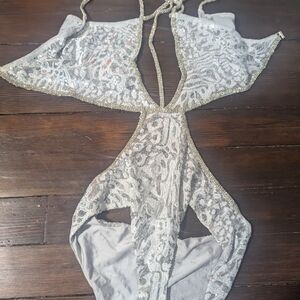 Silver Jewel Trim Animal Print Sequin Swimsuit US 8